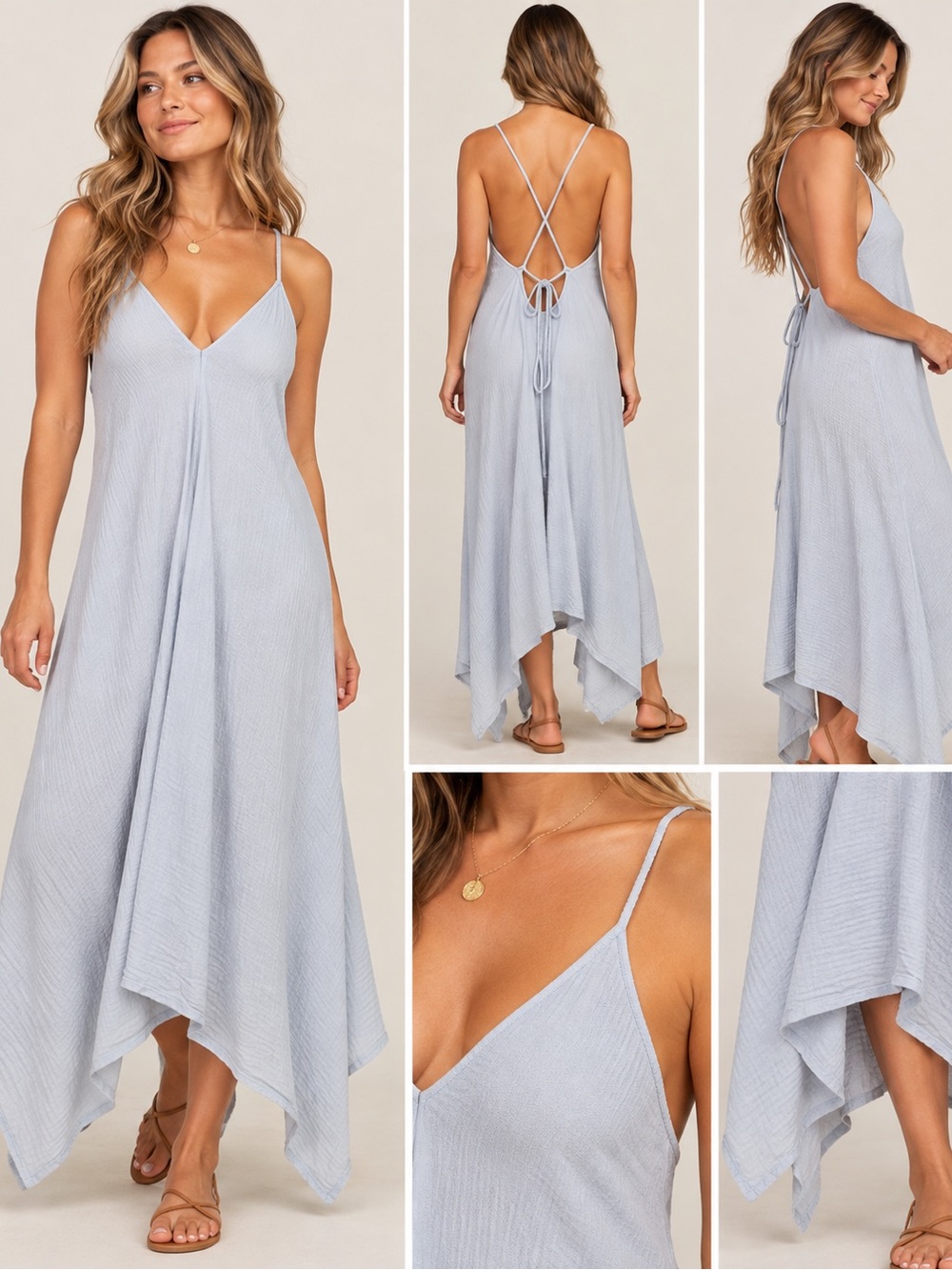 The Handloom LA Blue Cotton Open Back Handkerchief Hem Dress OS